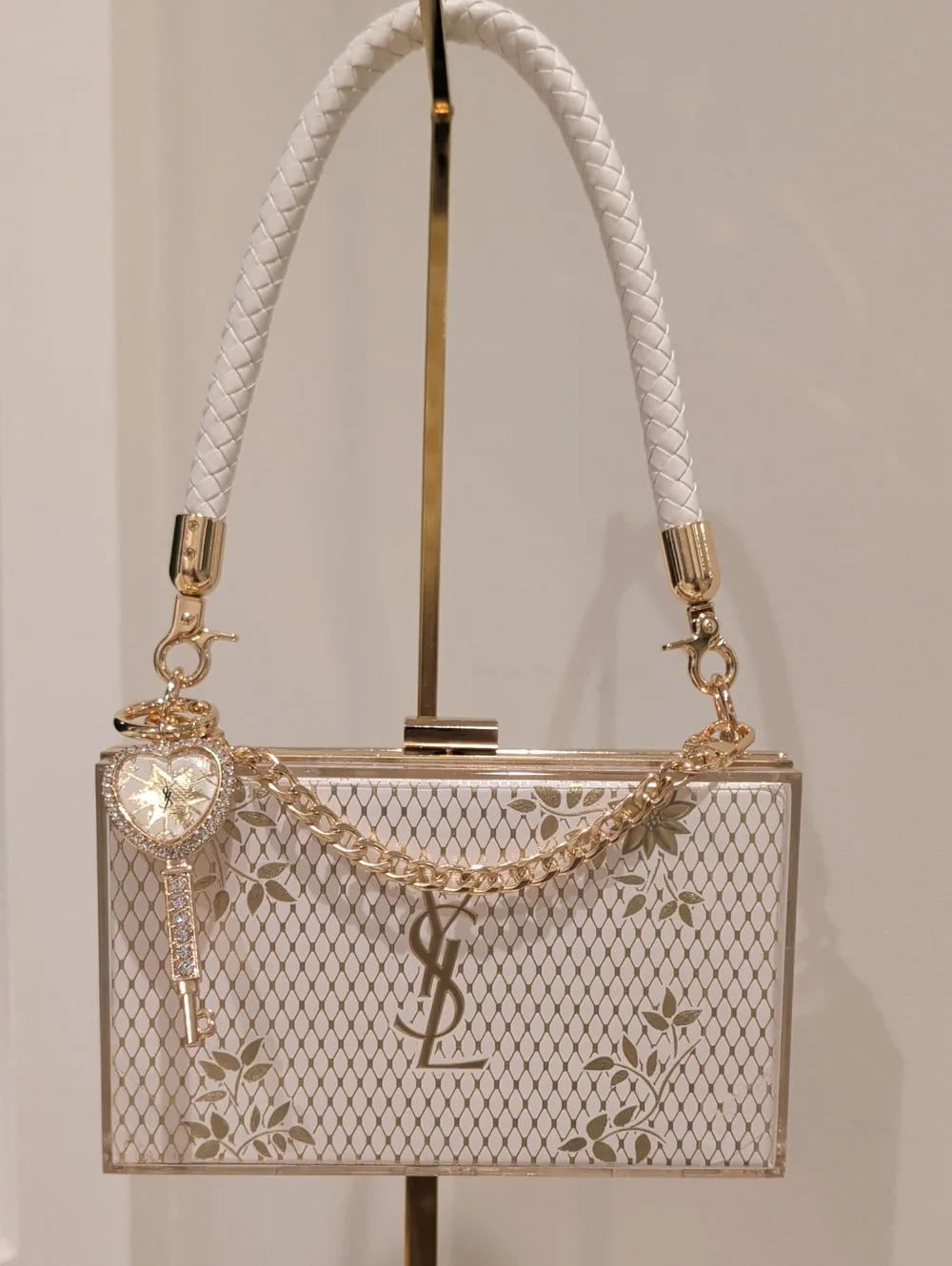 Saint Laurent White and Gold Box Clutch with Chain Charm